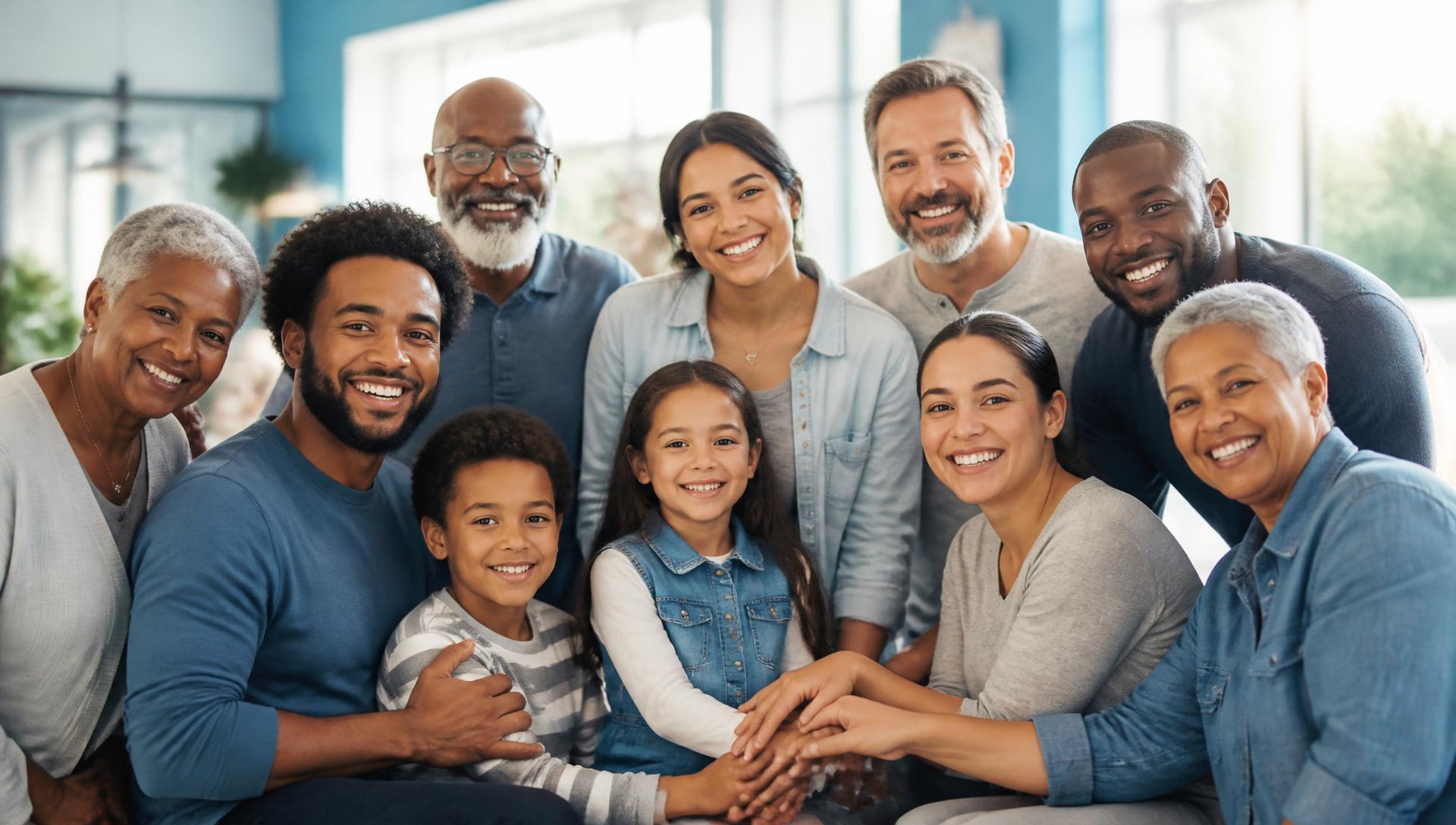 Diverse community members smiling together in a bright community space
